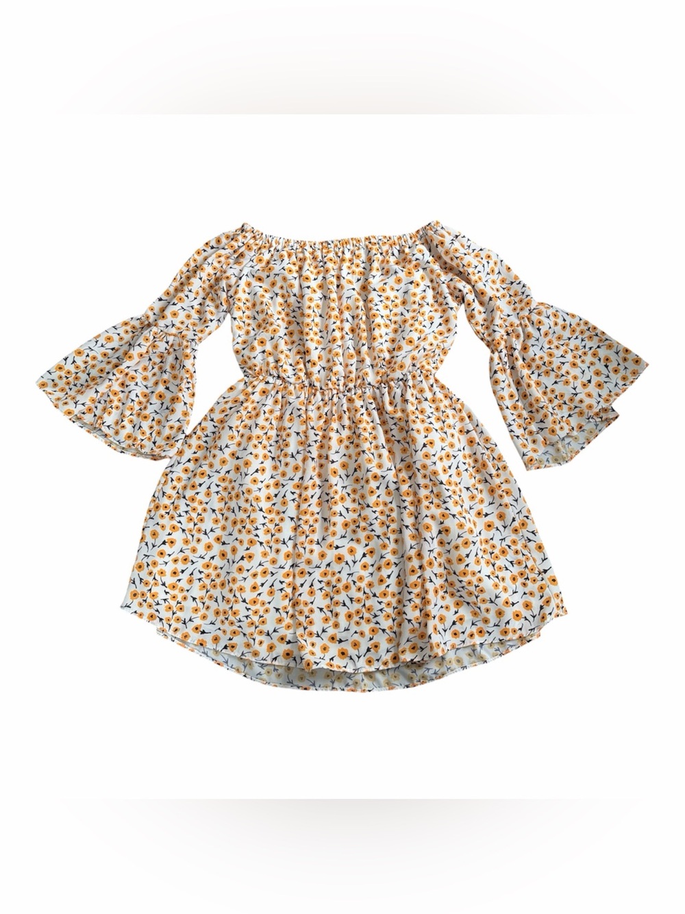 PatPat A-Line Off Shoulder Bell Sleeve Floral Daisy Ruffle Dress M White Womens